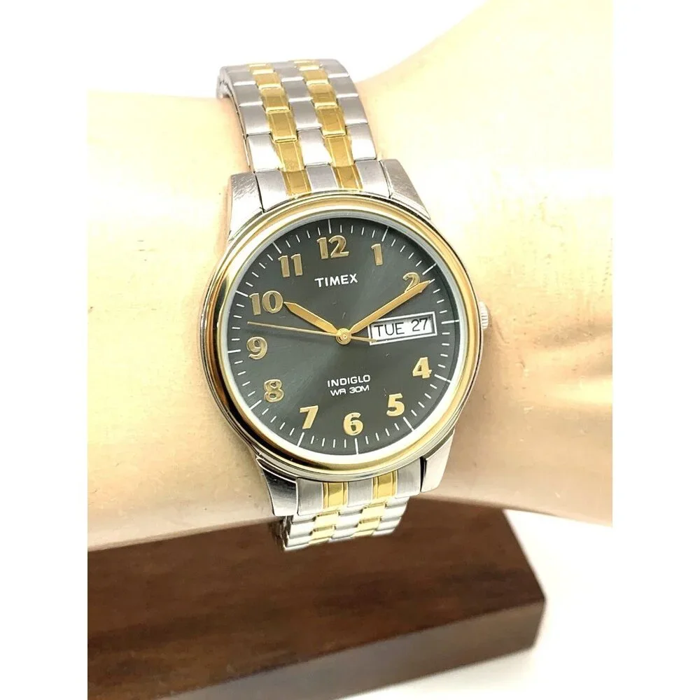 Timex Men's Watch T26481 Quartz 35mm Gray Dial Indiglo Two Tone Stretched Band